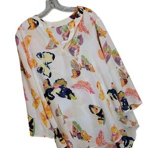 Cato Womens 14/16W Butterfly Print High-Low Tunic Blouse V-Neck 3/4 Sleeve White
